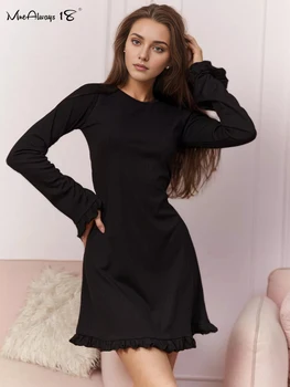 Mnealways18 Елегантна пачуърк черна рокля Основни разрошени дълъг ръкав жени O-образно деколте плетена рокля офис дами пролет лято 2024